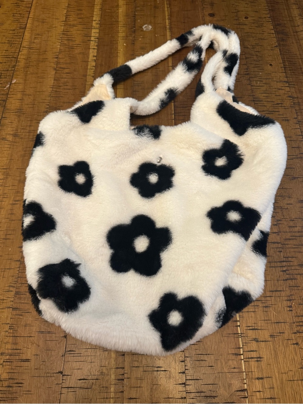 Faux Fur Floral Tote Bag - Black & White Floral